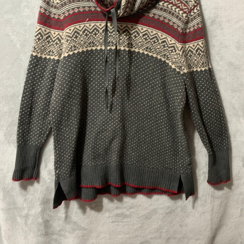 Eddie Bauer Women's Fair Isle Cowl Neck Sweater Petite Large Gray Red Cozy Boho - Picture 4 of 12